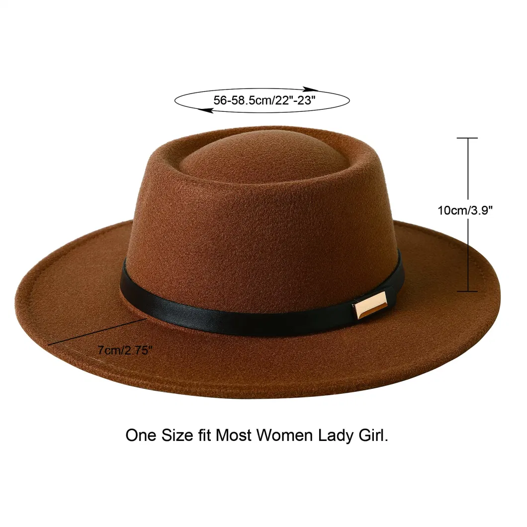 Women Vintage Wide Brim Warm Wool Fedora Hat Belt Panama Hat