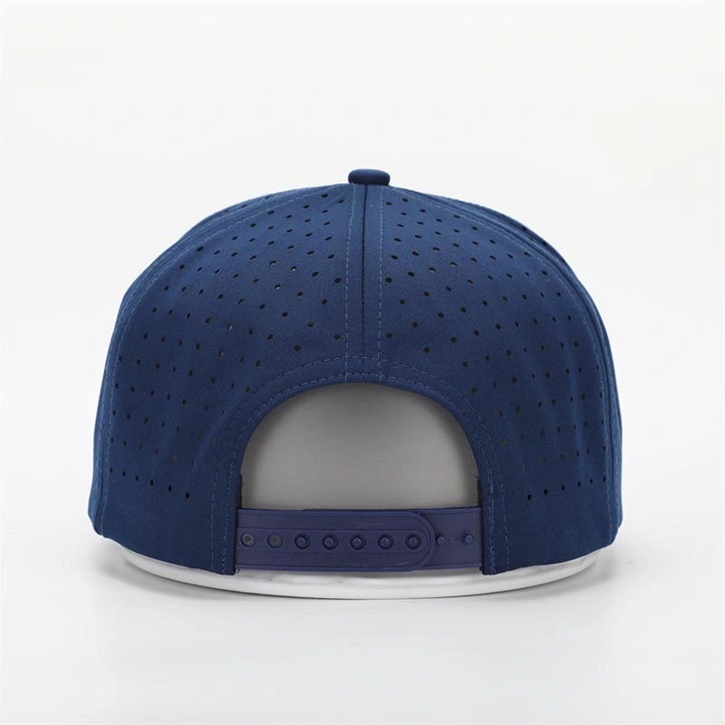 Fashion Custom Sports 5 Panel Rubber PVC Logo Rope Baseball Cap, Waterproof Laser Cut Drilled Hole Perforated Hat, Curved Brim Navy Blue Dad Hat